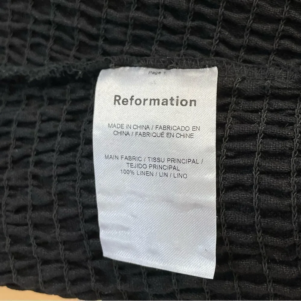Reformation,Linen Smocked Crop Blouse, Black